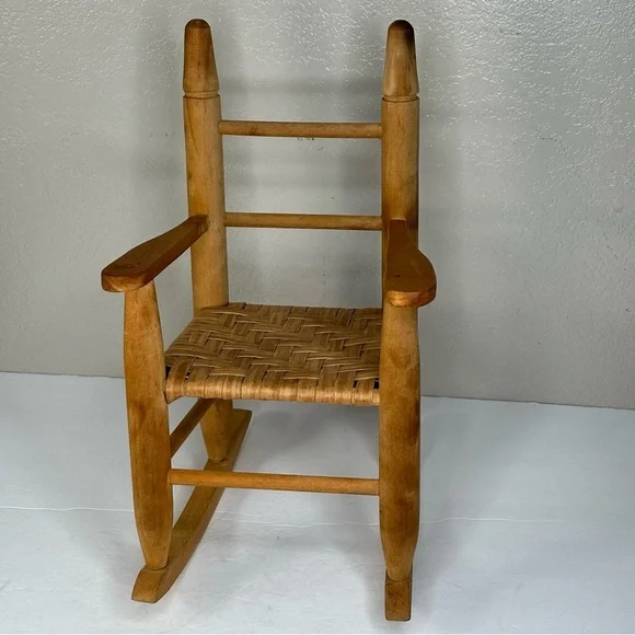 Handmade Wood Rocking Chair made for American Girl Doll Hand Woven Seat 12X16X9”